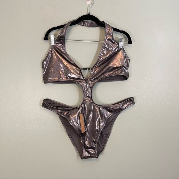 Skims Stretch Metallic Swim Halter Monokini One-Piece Swimsuit Carbon 2X NWT - Picture 3 of 16